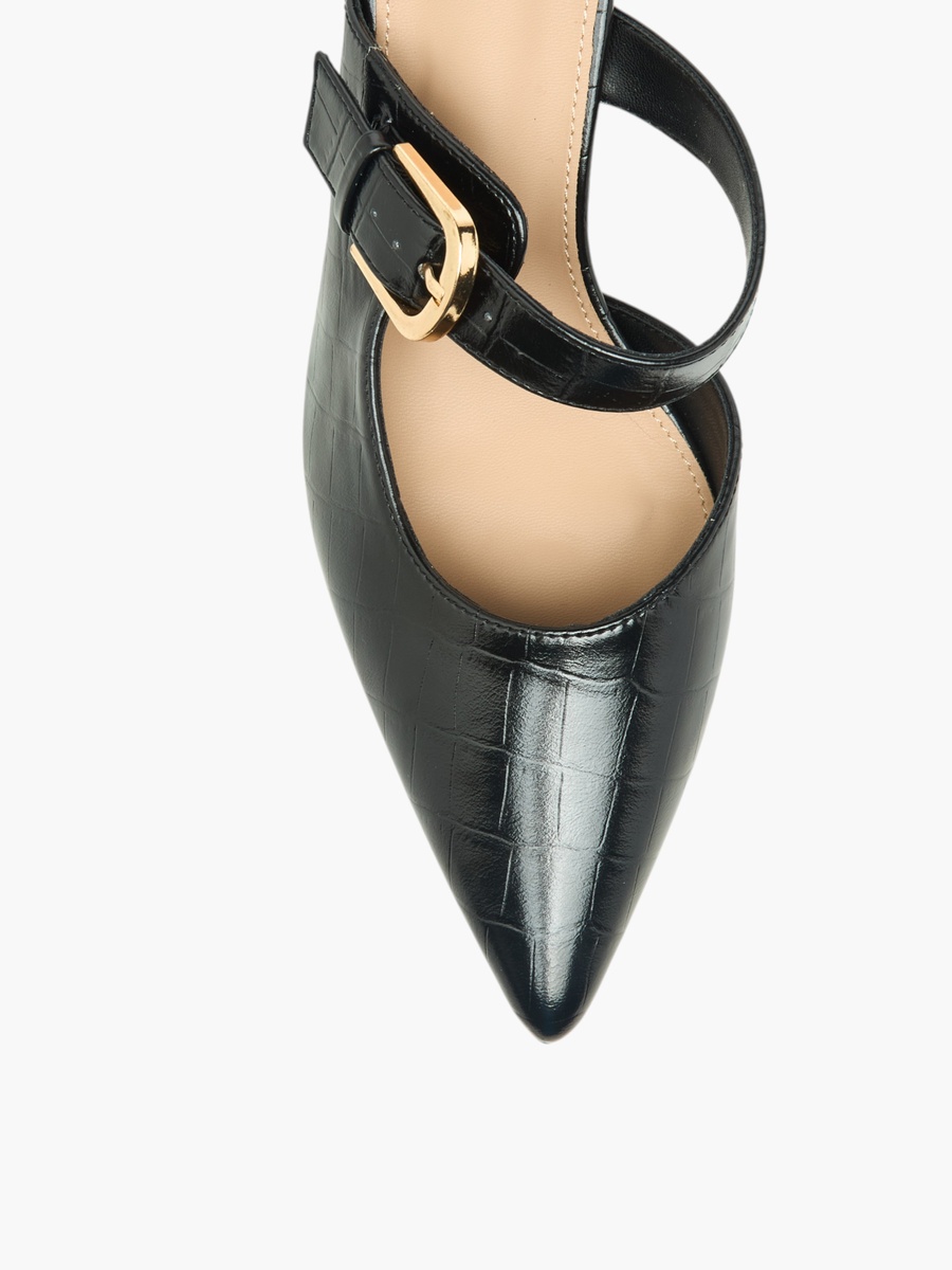 Women Textured Buckle Detail Flared Heel Mules