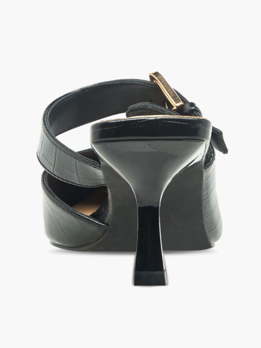 Women Textured Buckle Detail Flared Heel Mules