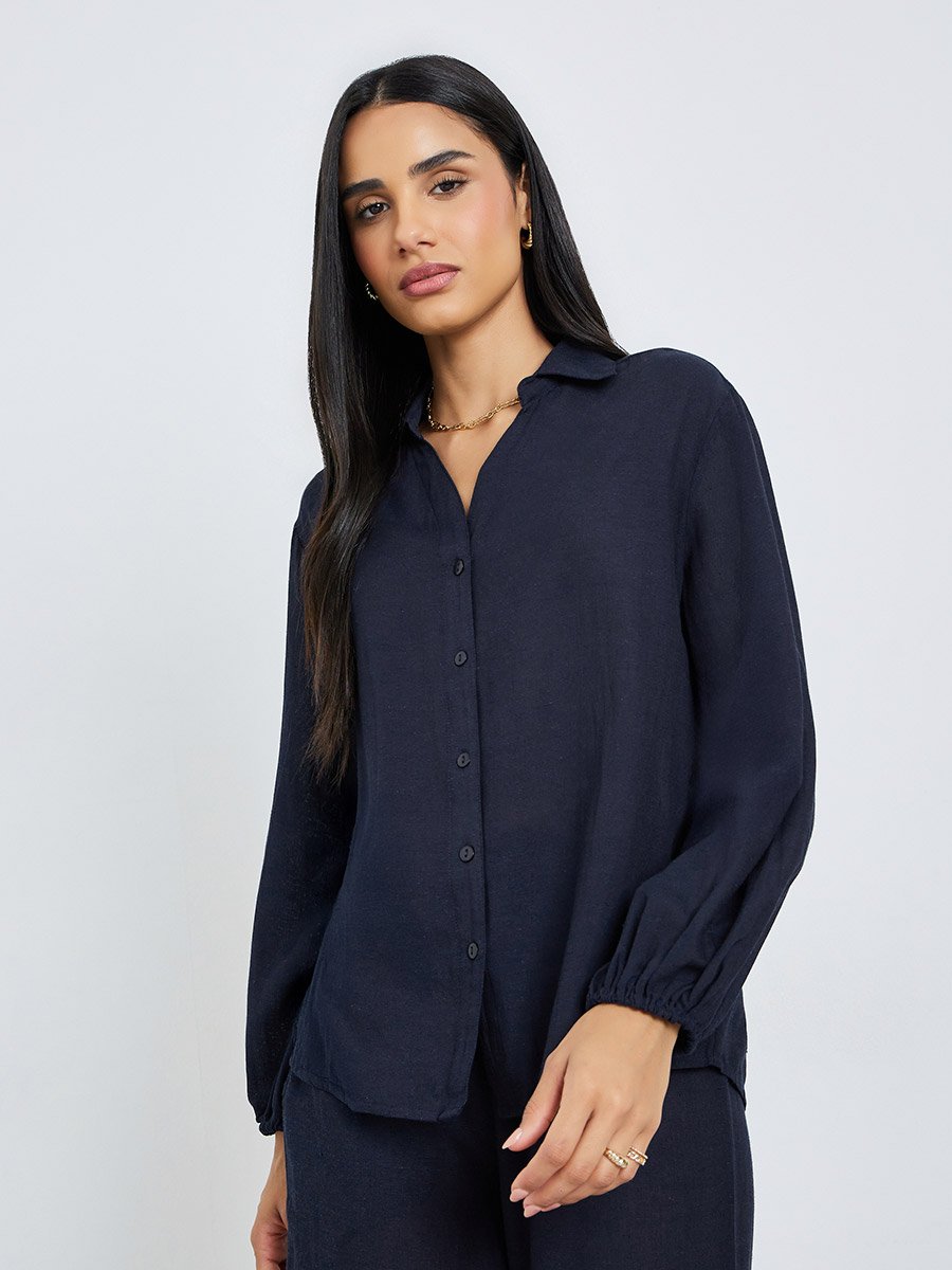 Navy Blue Solid Balloon Sleeves Shirt