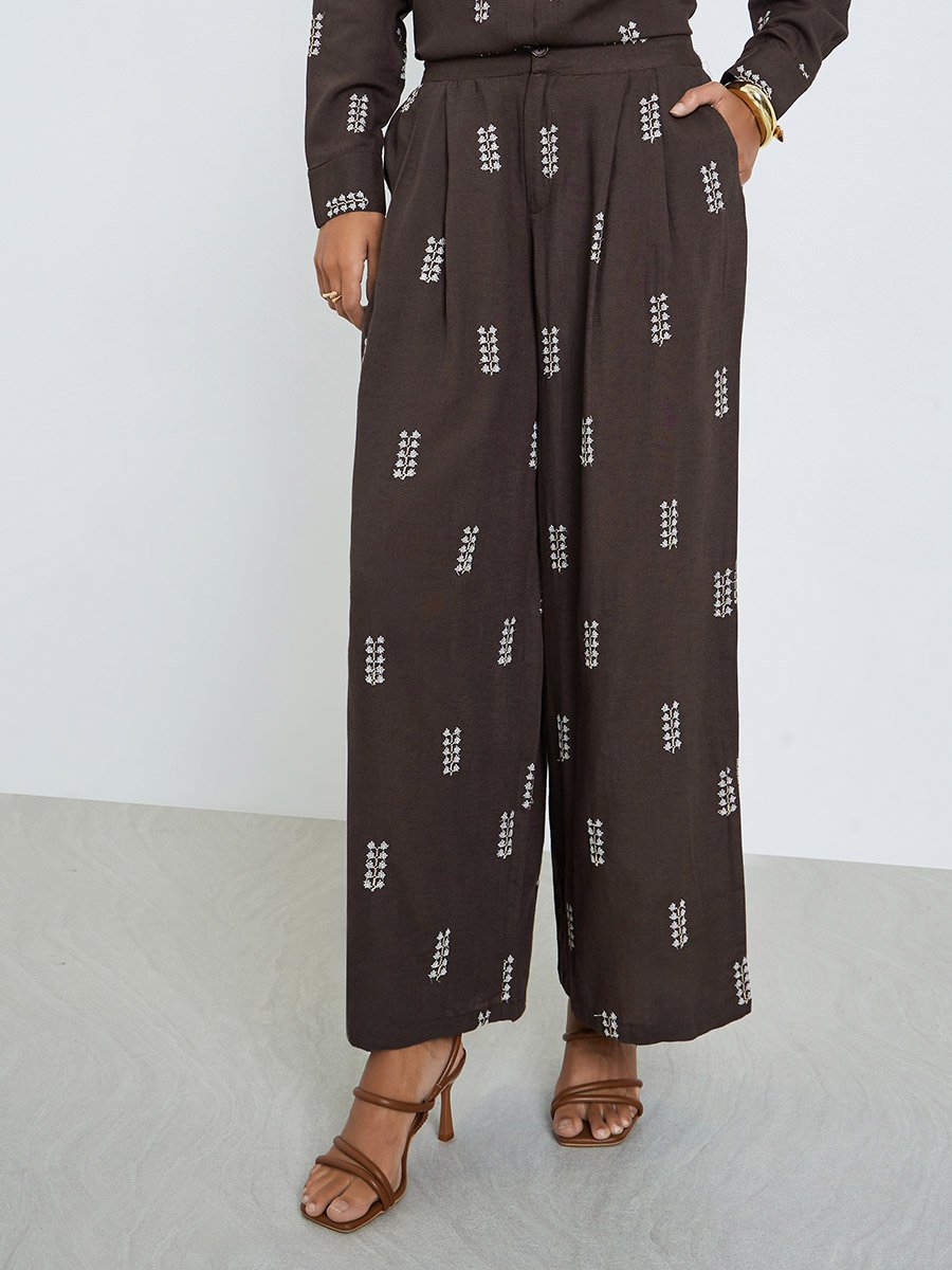 Brown Embroidered Wide Leg Pants