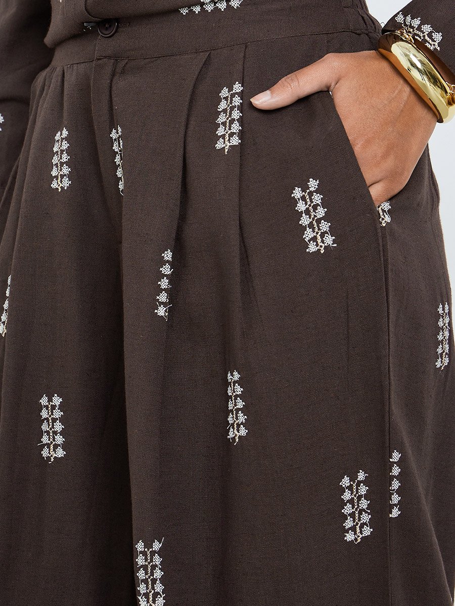 Brown Embroidered Wide Leg Pants