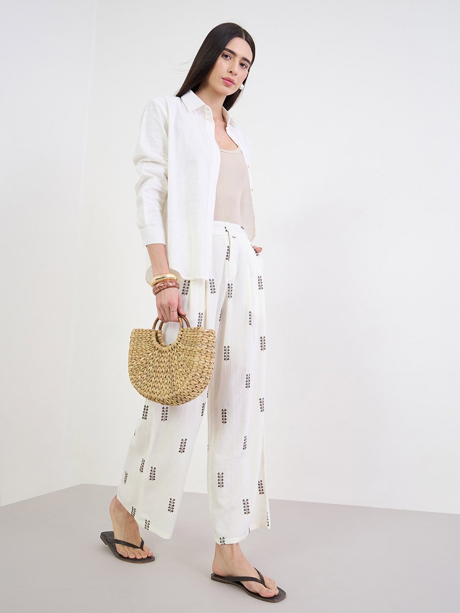 Off White Embroidered Wide Leg Pants