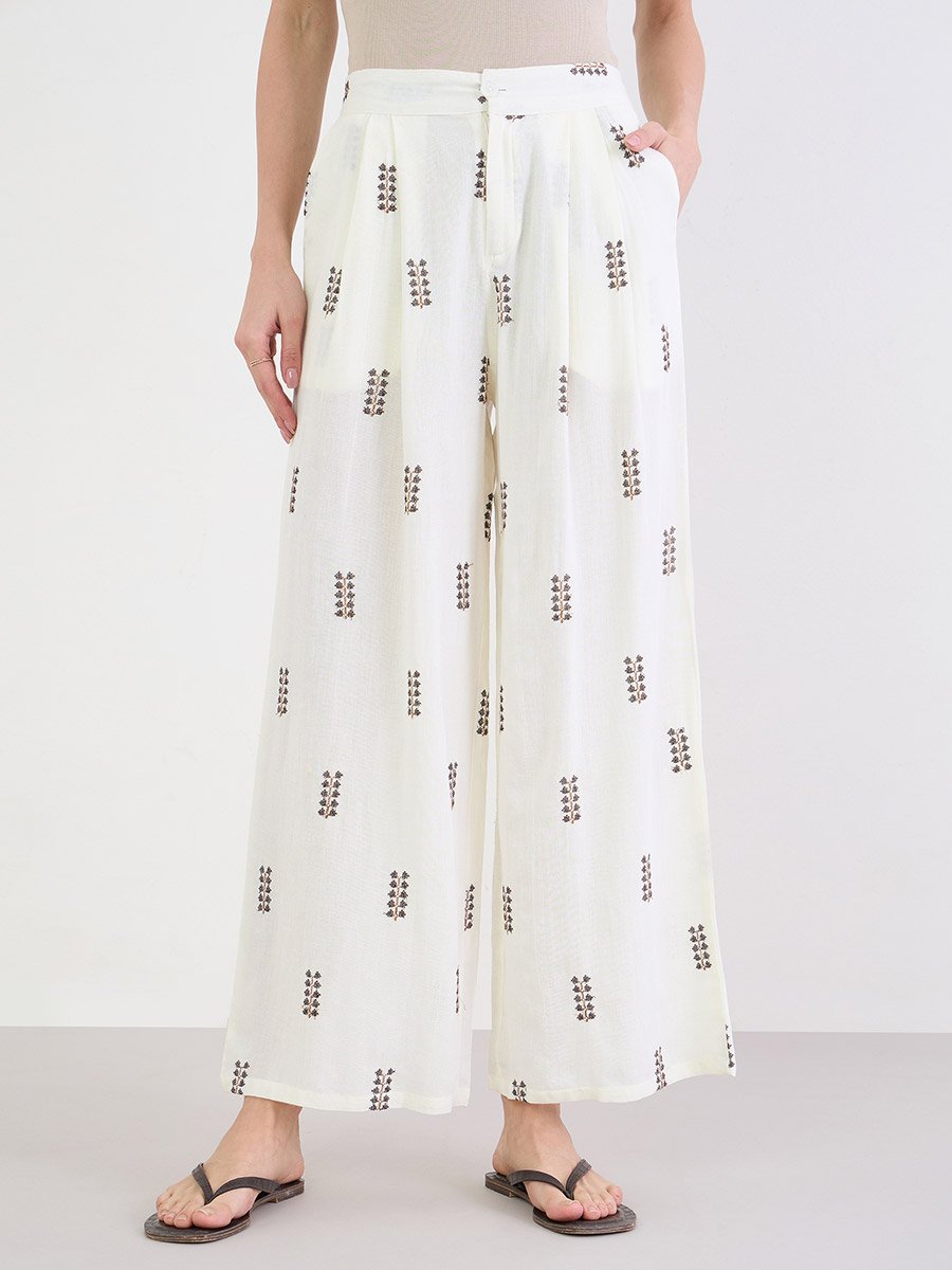 Off White Embroidered Wide Leg Pants