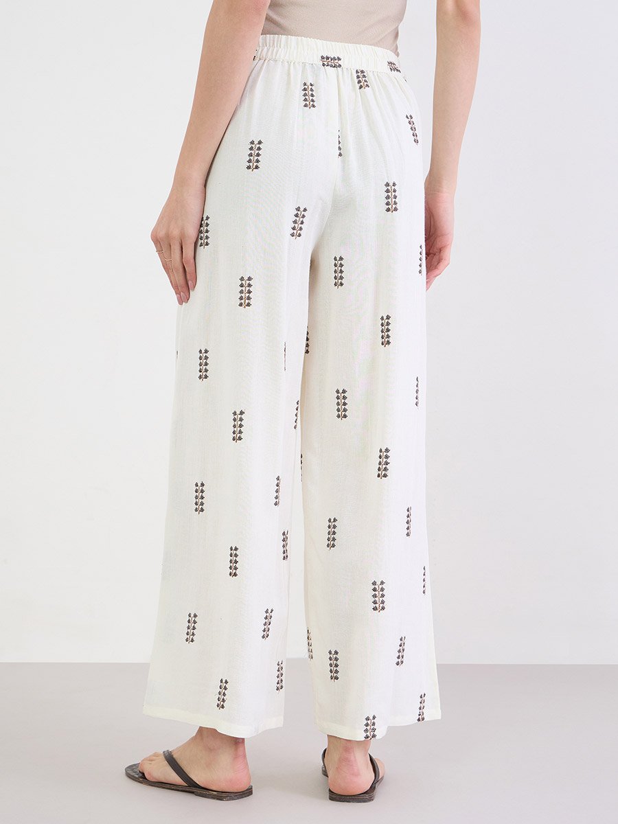 Off White Embroidered Wide Leg Pants