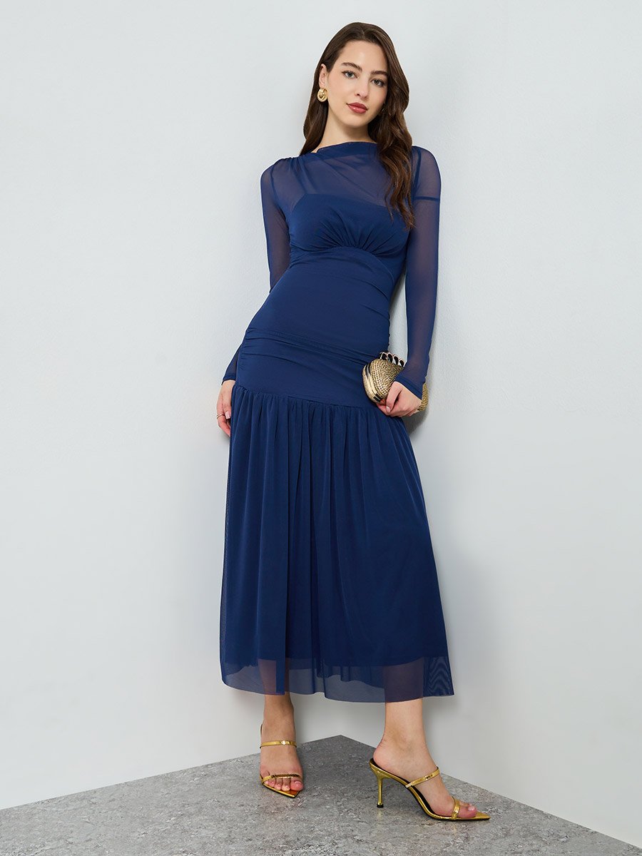 Women Blue Long Sleeve A-Line Maxi Dress