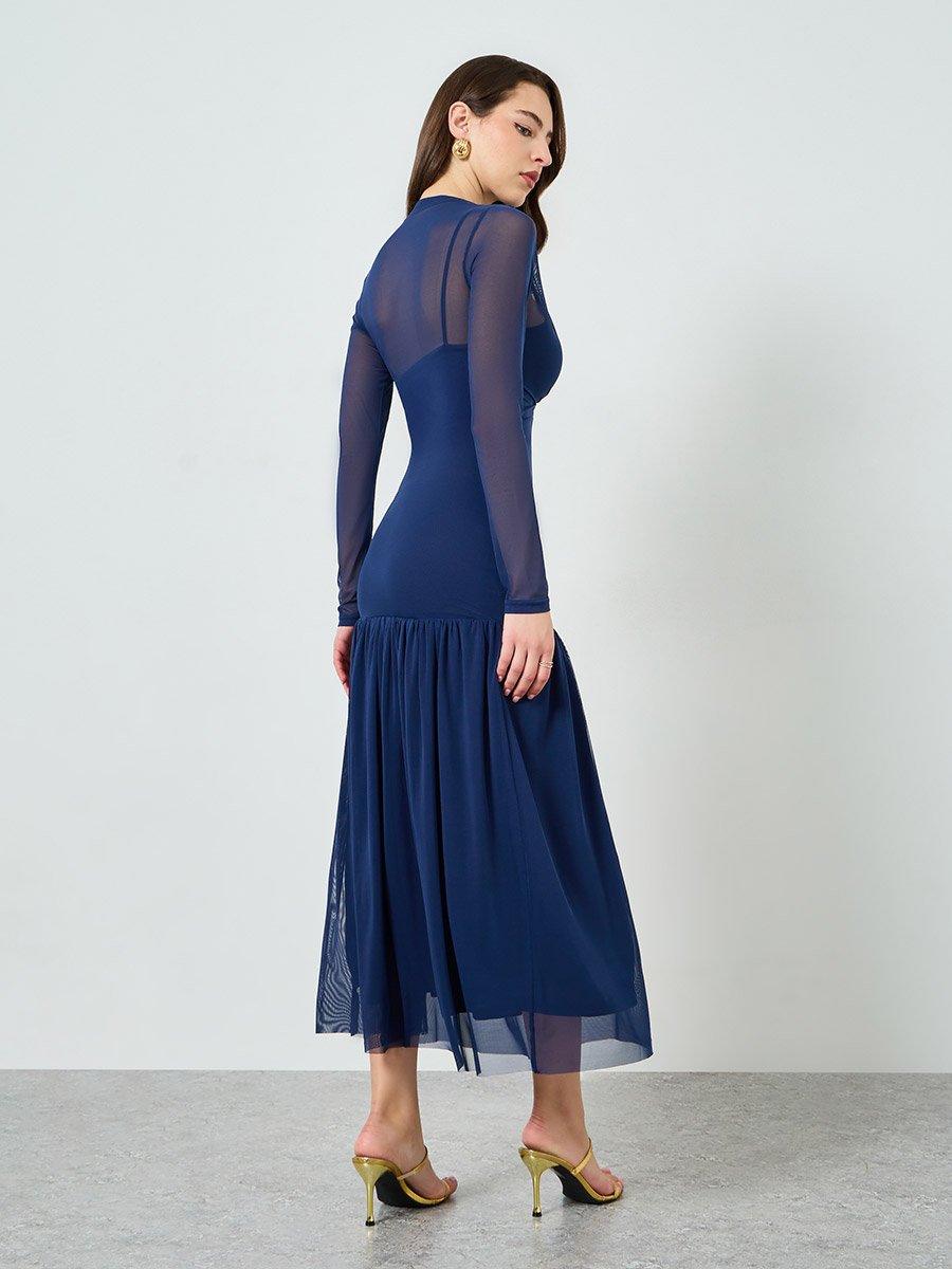 Women Blue Long Sleeve A-Line Maxi Dress