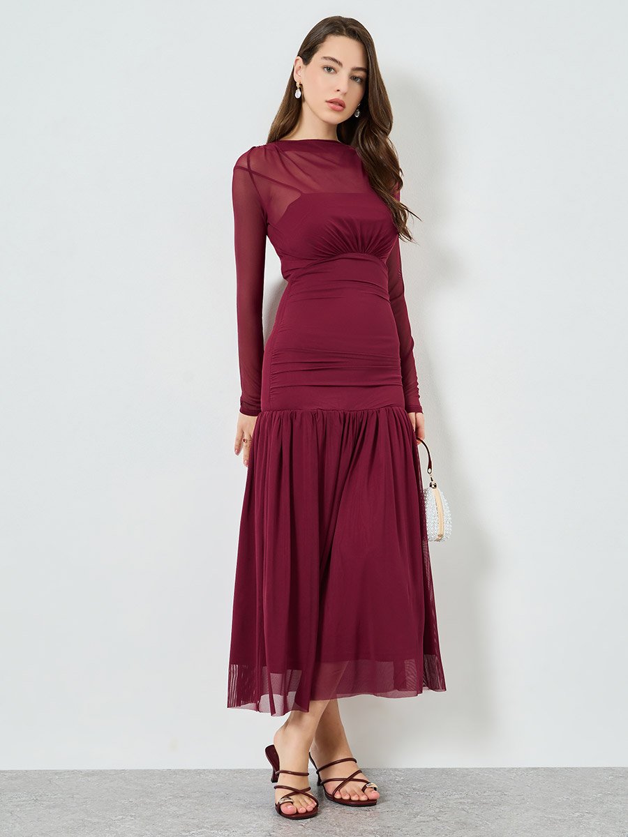 Women Red Long Sleeve A-Line Maxi Dress