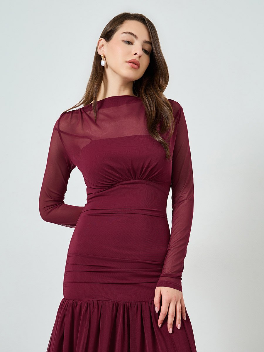 Women Red Long Sleeve A-Line Maxi Dress