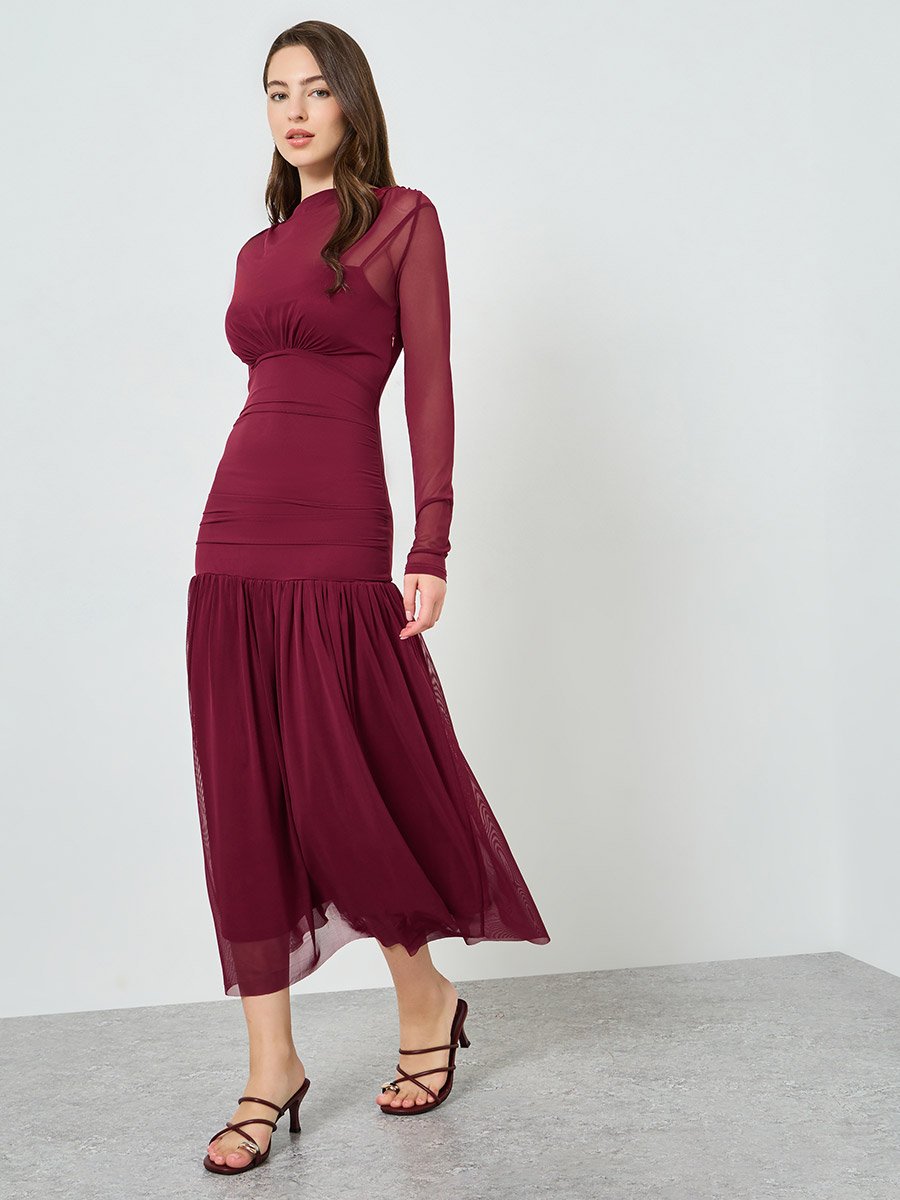 Women Red Long Sleeve A-Line Maxi Dress