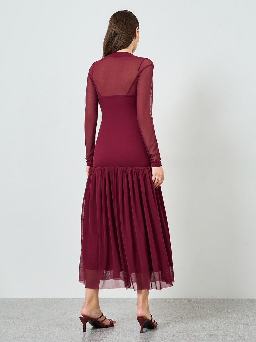 Women Red Long Sleeve A-Line Maxi Dress