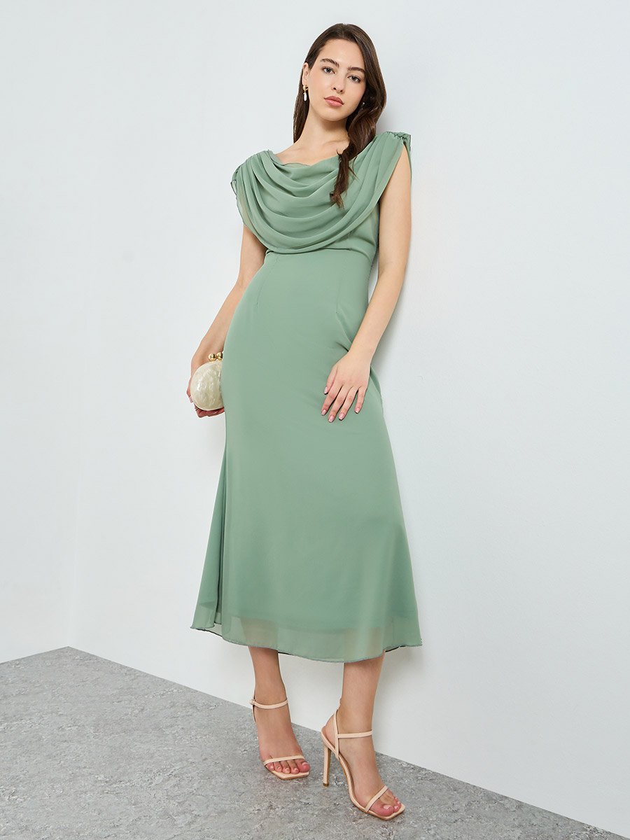 Green Draped Cowl Neck Midi Dress
