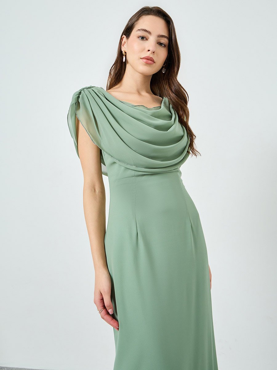 Green Draped Cowl Neck Midi Dress