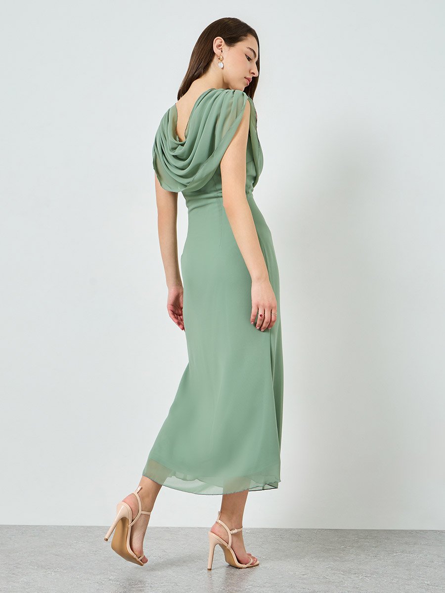 Green Draped Cowl Neck Midi Dress For Women at Saudi | Styli