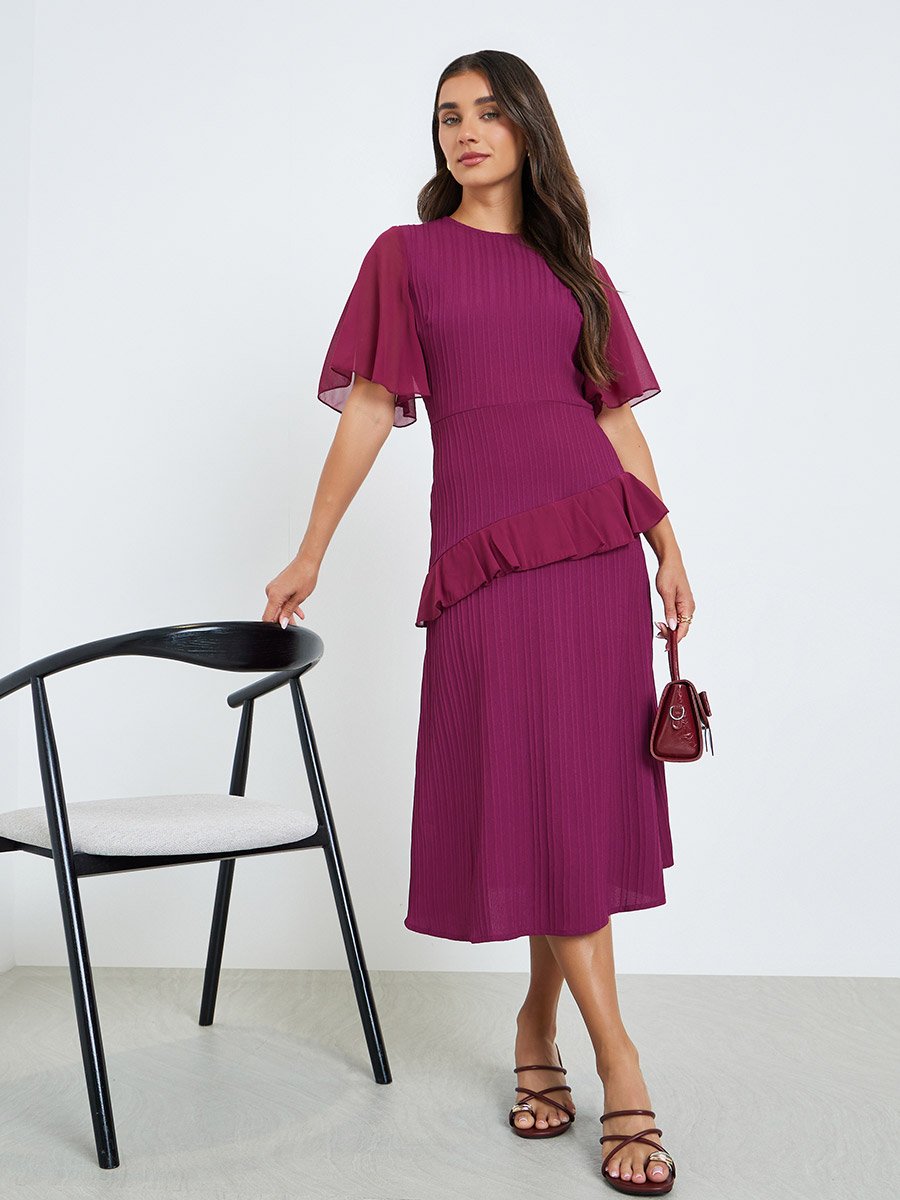 Women Magenta Ruffled Sleeves A-Line Midi Dress