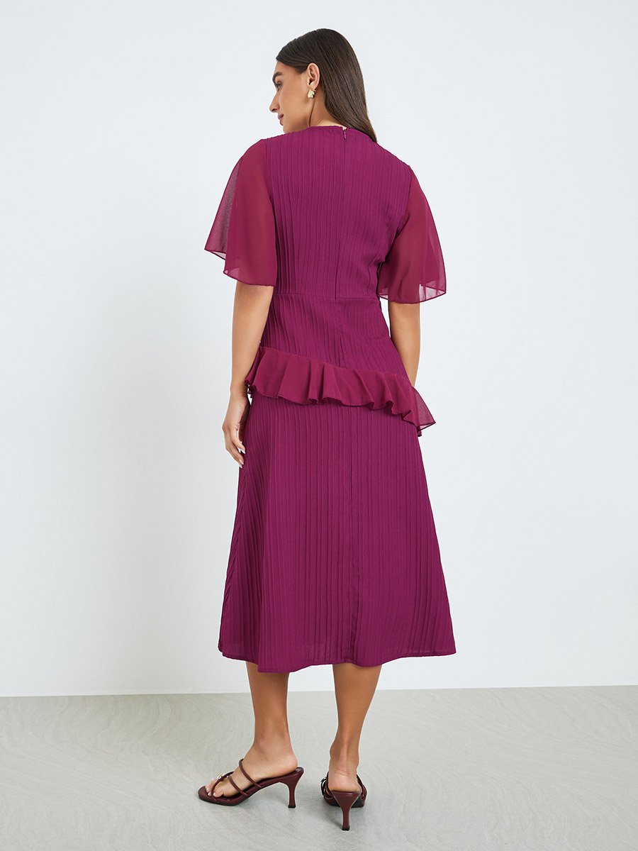 Women Magenta Ruffled Sleeves A-Line Midi Dress