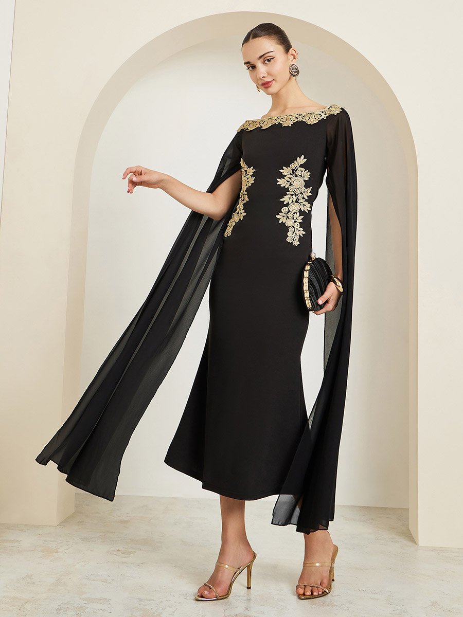 orange and black striped dress Crystal Collar Black Cape Sleeve Maxi Gown main image 0