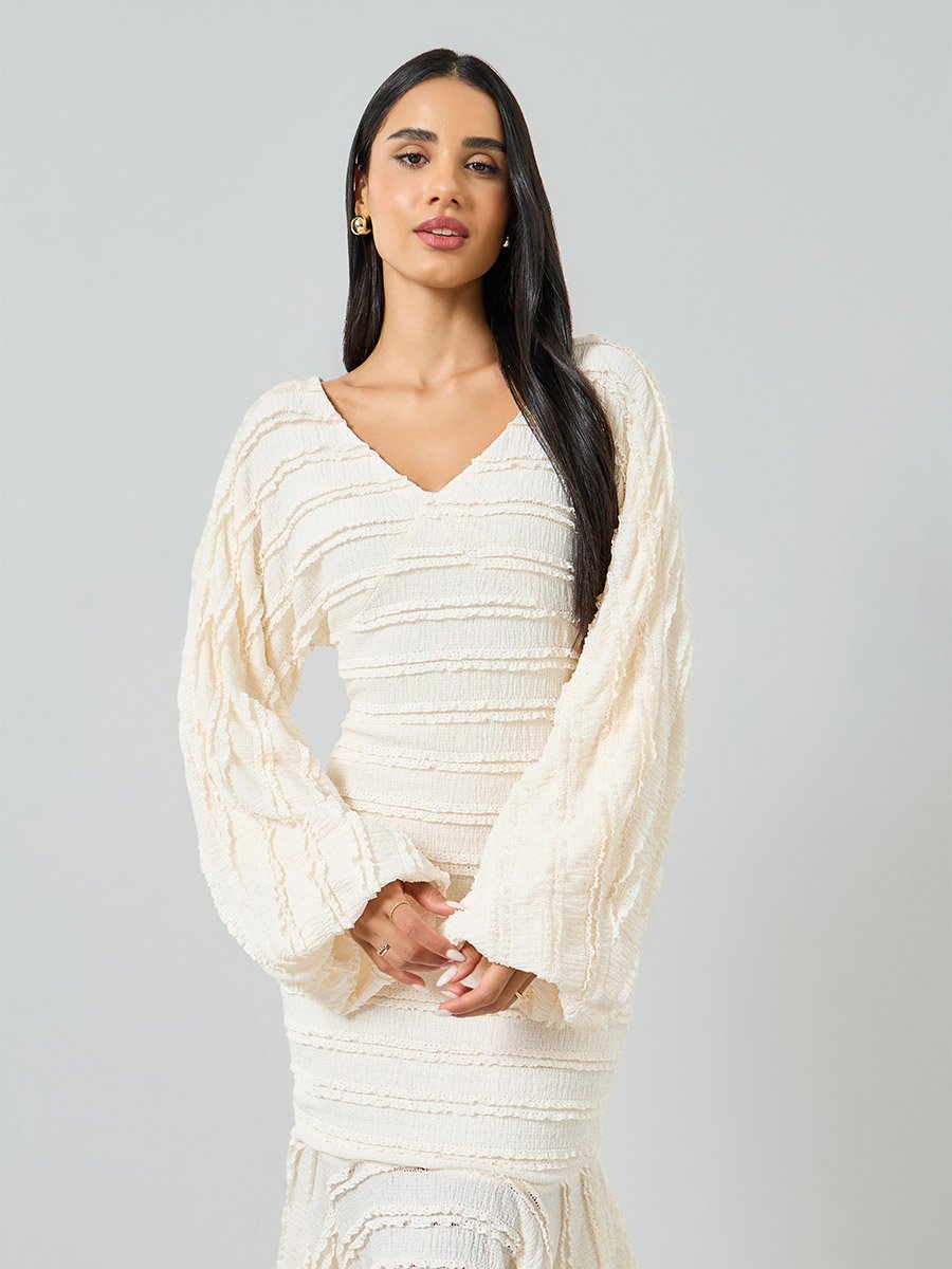 Off-White Balloon Sleeve Mermaid Hem Midi Dress