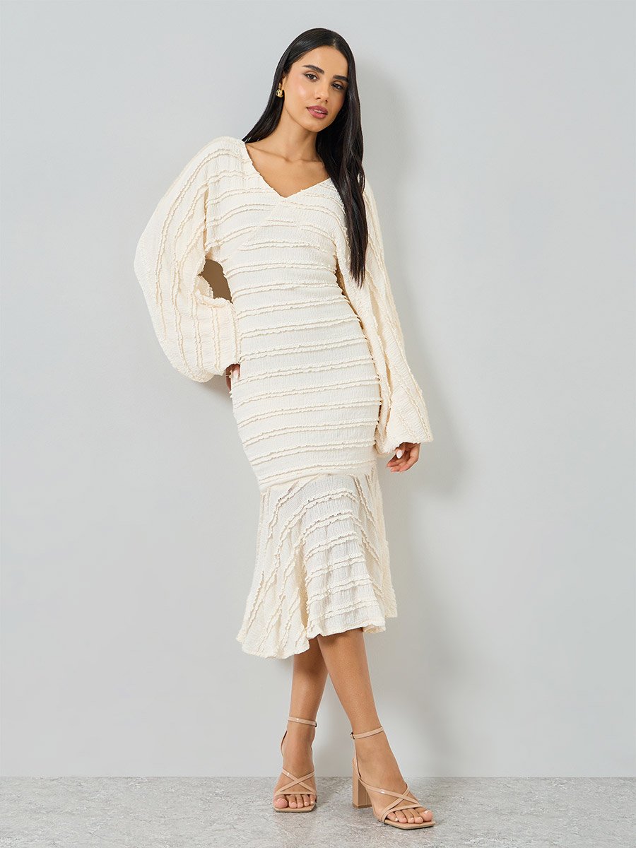 Off-White Balloon Sleeve Mermaid Hem Midi Dress