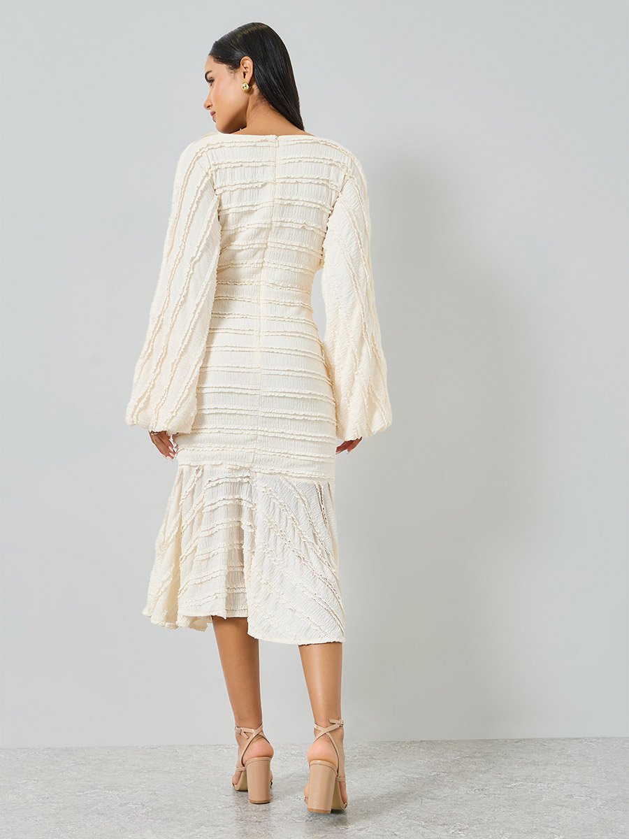 Off-White Balloon Sleeve Mermaid Hem Midi Dress