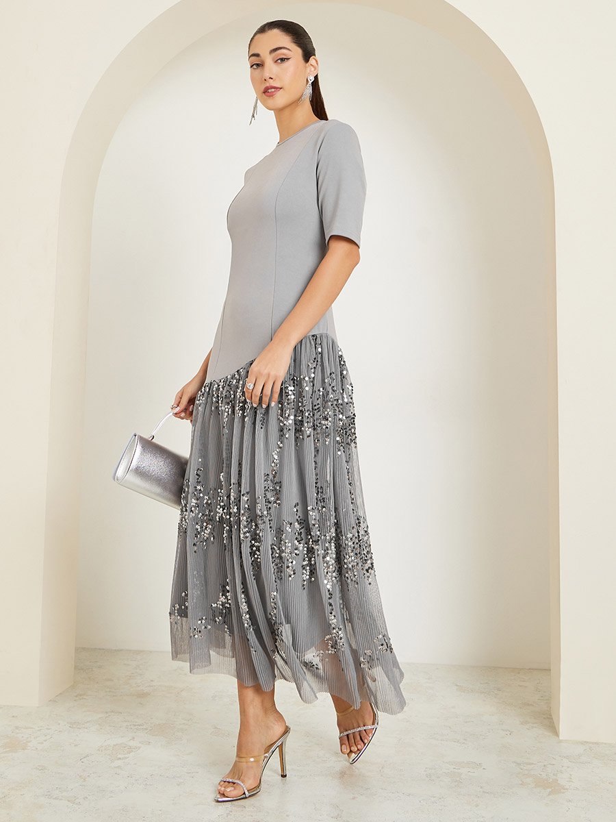 Grey Sequin Short Sleeve A-Line Maxi Dress For Women at Kuwait | Styli