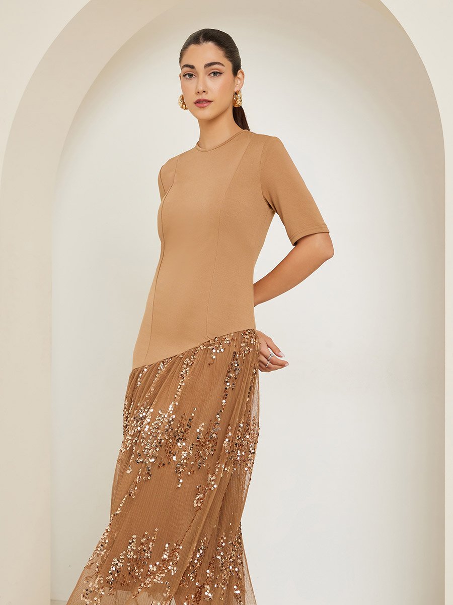 Brown Sequin Short Sleeve A-Line Maxi Dress