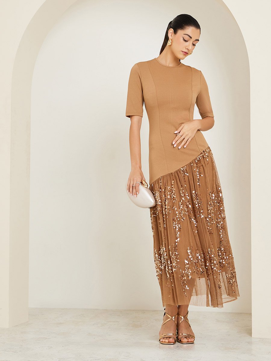 Brown Sequin Short Sleeve A-Line Maxi Dress