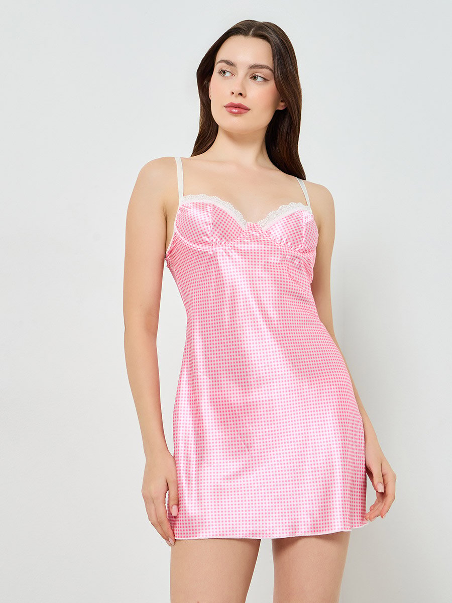 Women Pink Gingham Babydoll with Bra and Brief Set