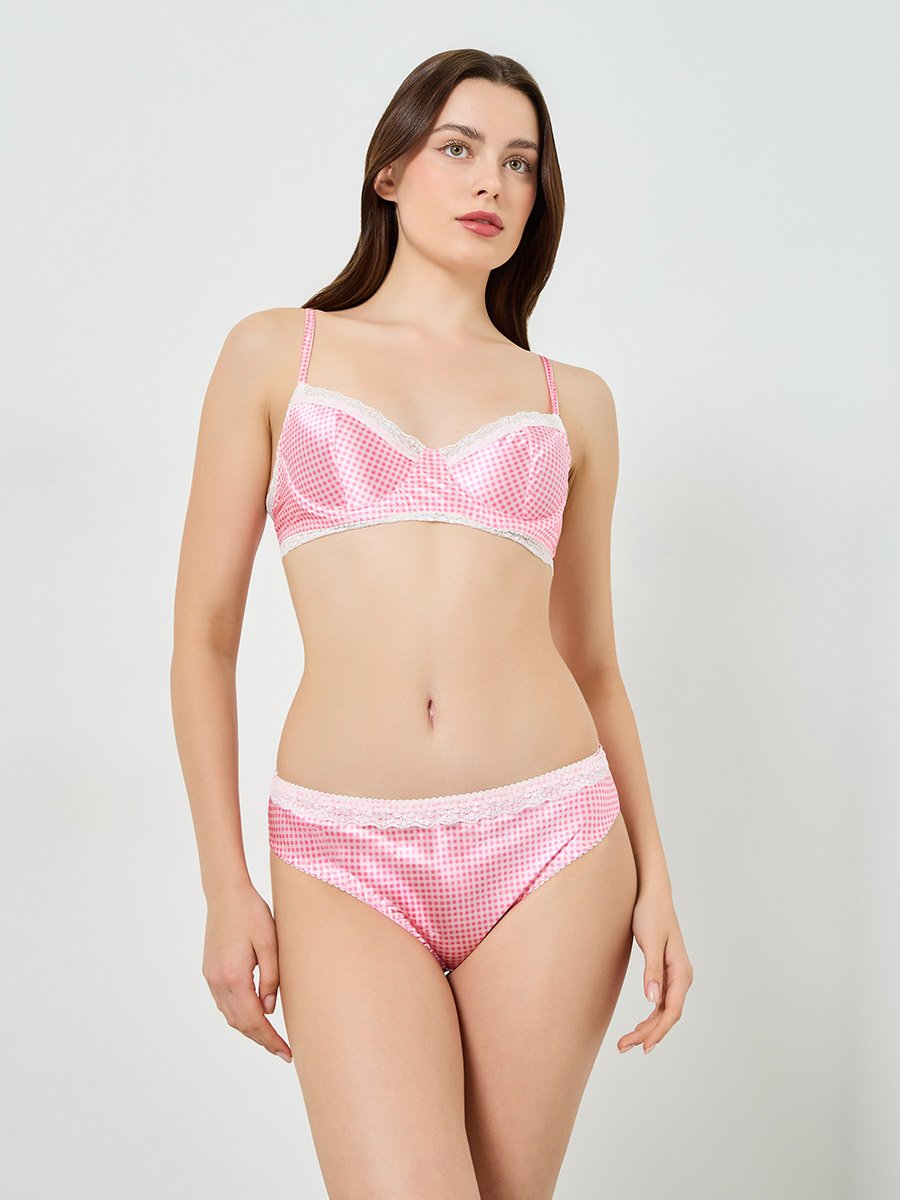 Women Pink Gingham Babydoll with Bra and Brief Set