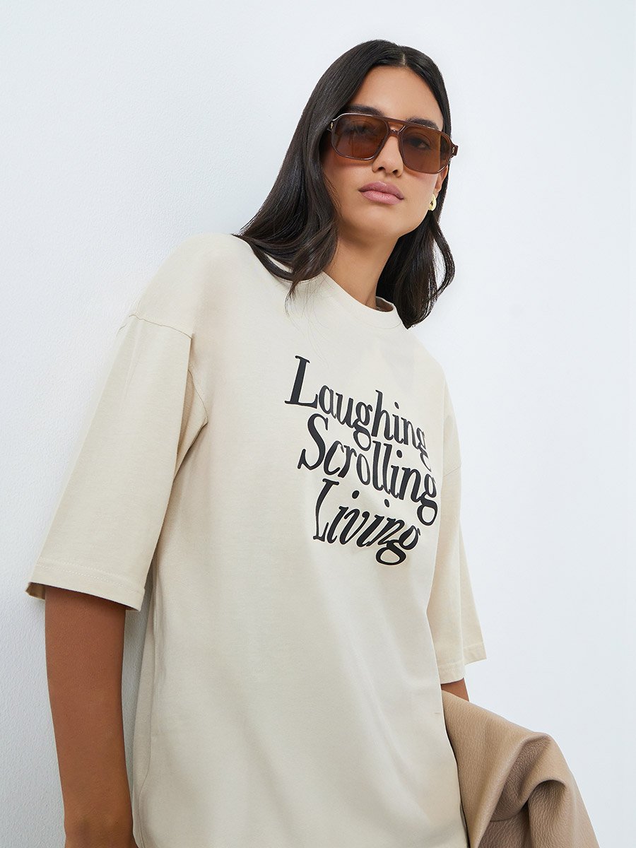 Beige Slogan Print Oversized Cotton T-Shirt