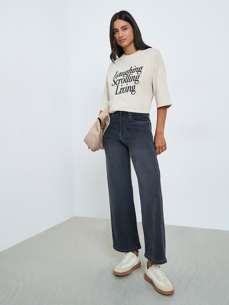 Beige Slogan Print Oversized Cotton T-Shirt