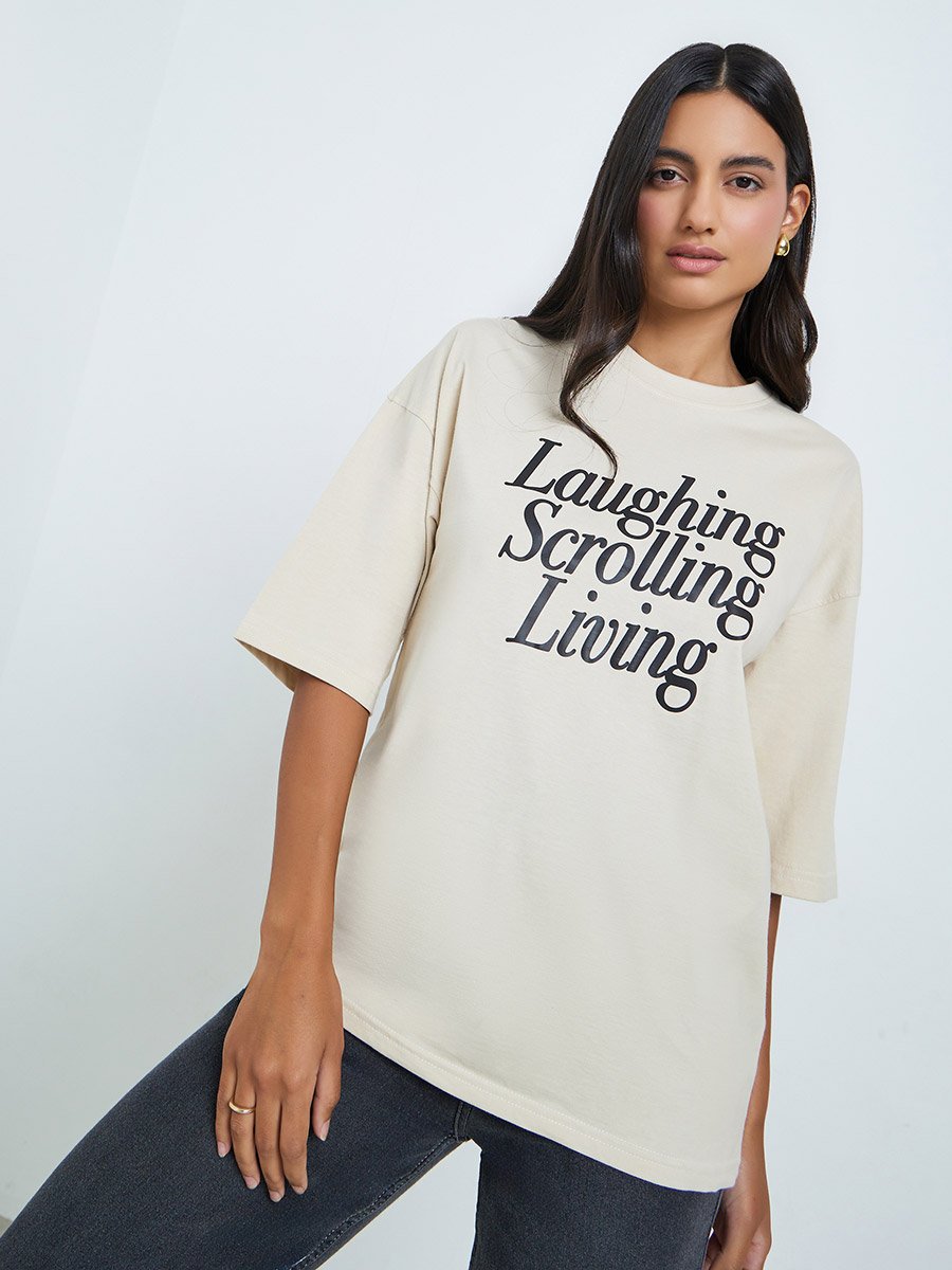 Beige Slogan Print Oversized Cotton T-Shirt