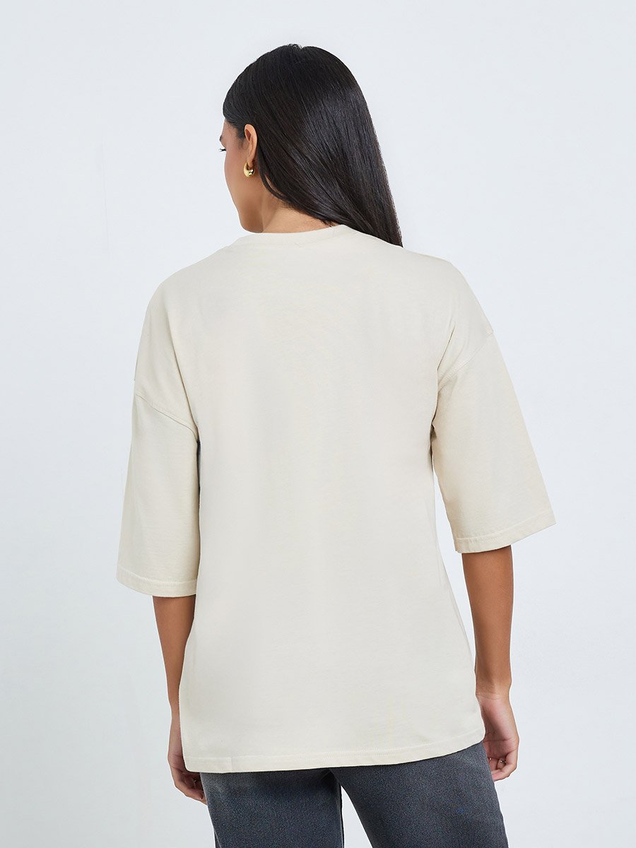Beige Slogan Print Oversized Cotton T-Shirt