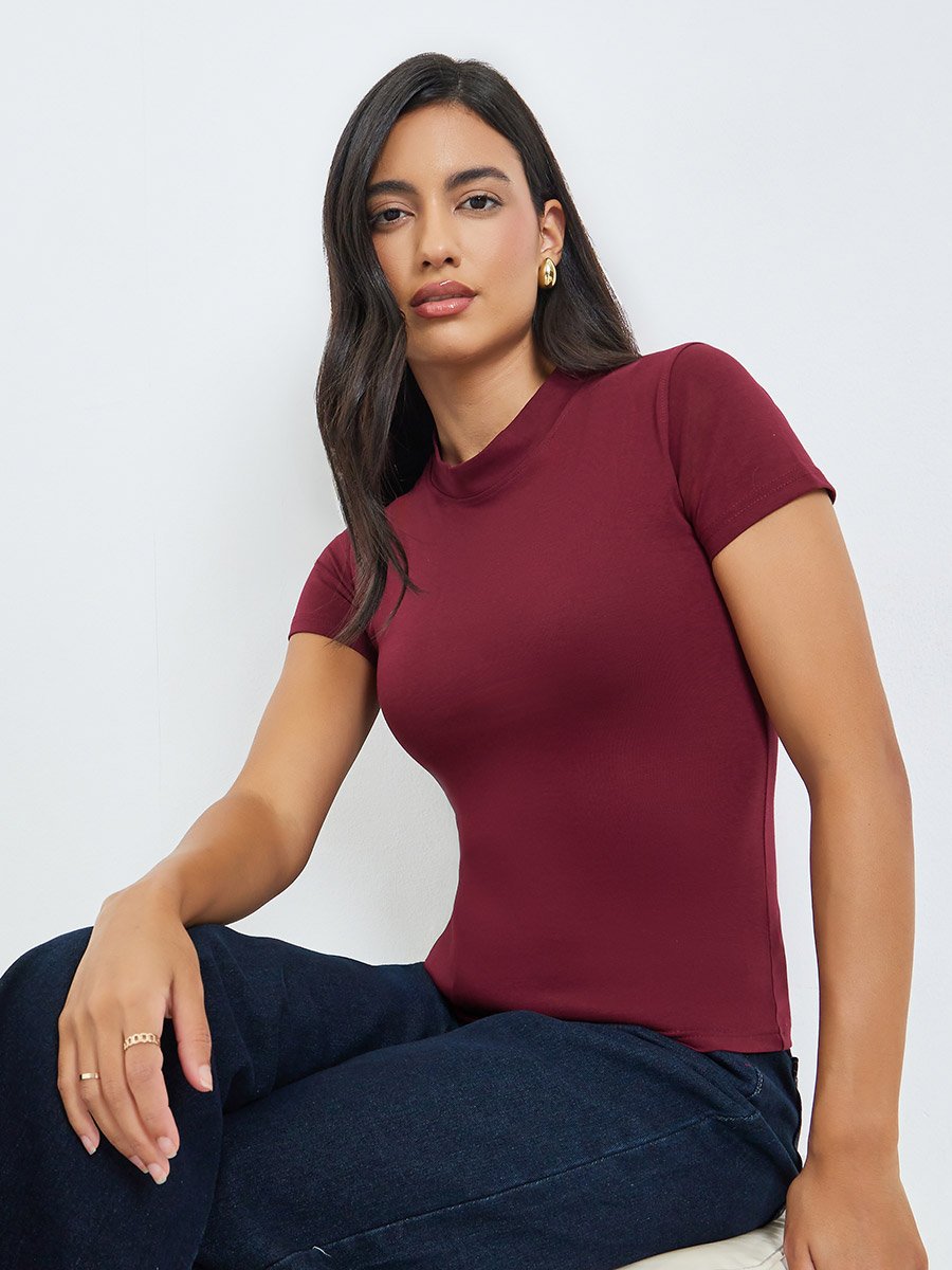 Burgundy Cotton Stretch Fitted T-Shirt