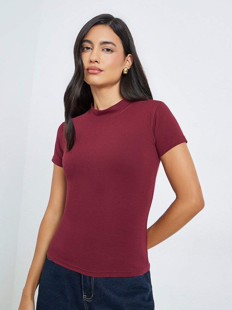 Burgundy Cotton Stretch Fitted T-Shirt