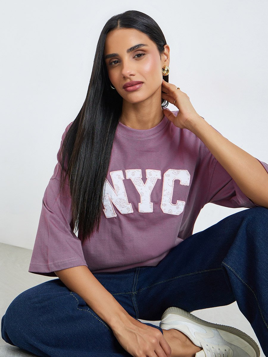 Pink Slogan Print and Border Embroidered 100% Cotton Oversized T-Shirt