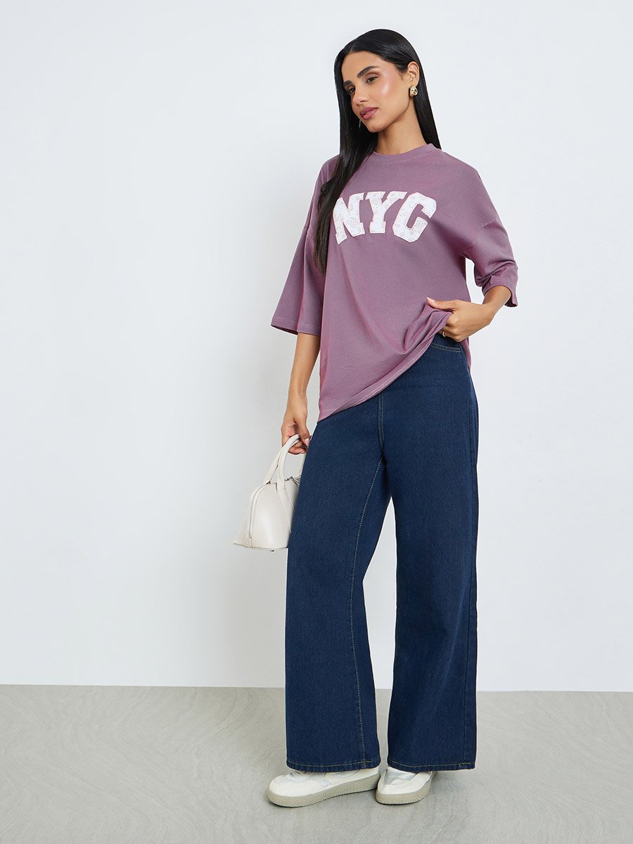 Pink Slogan Print and Border Embroidered 100% Cotton Oversized T-Shirt