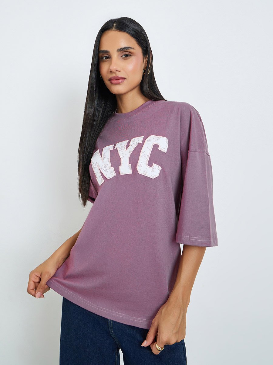 Pink Slogan Print and Border Embroidered 100% Cotton Oversized T-Shirt