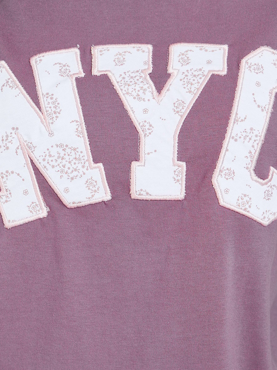 Pink Slogan Print and Border Embroidered 100% Cotton Oversized T-Shirt