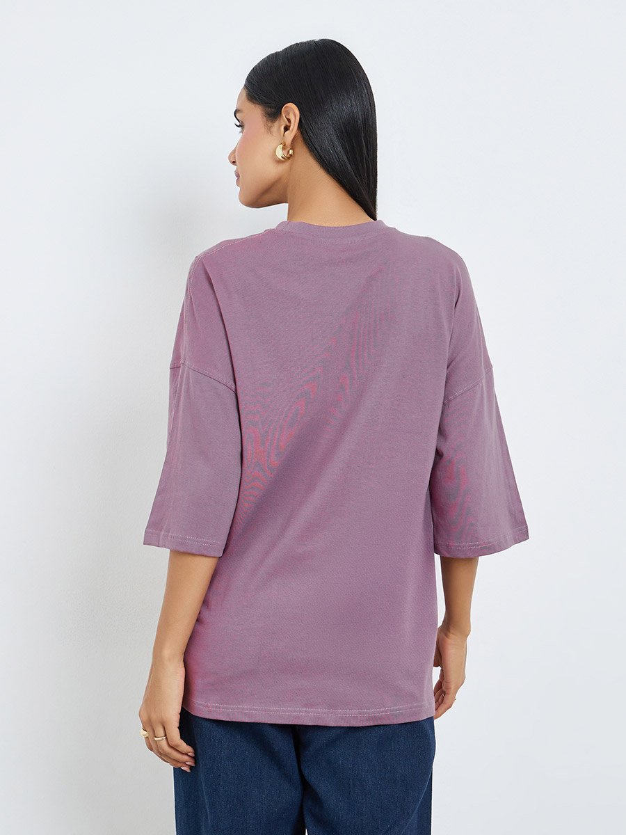 Pink Slogan Print and Border Embroidered 100% Cotton Oversized T-Shirt