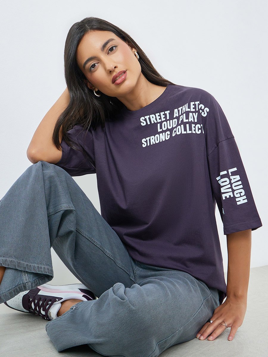 Purple Slogan Print Oversized T-Shirt