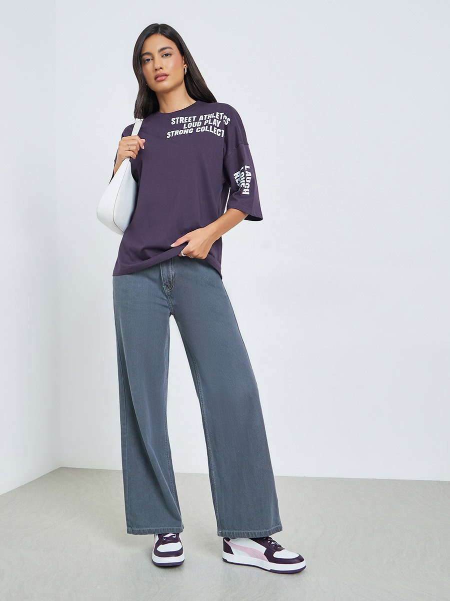 Purple Slogan Print Oversized T-Shirt