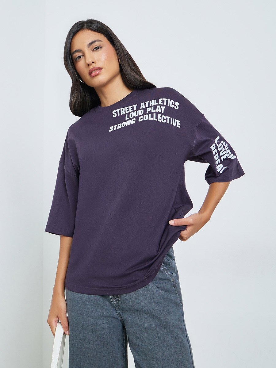 Purple Slogan Print Oversized T-Shirt