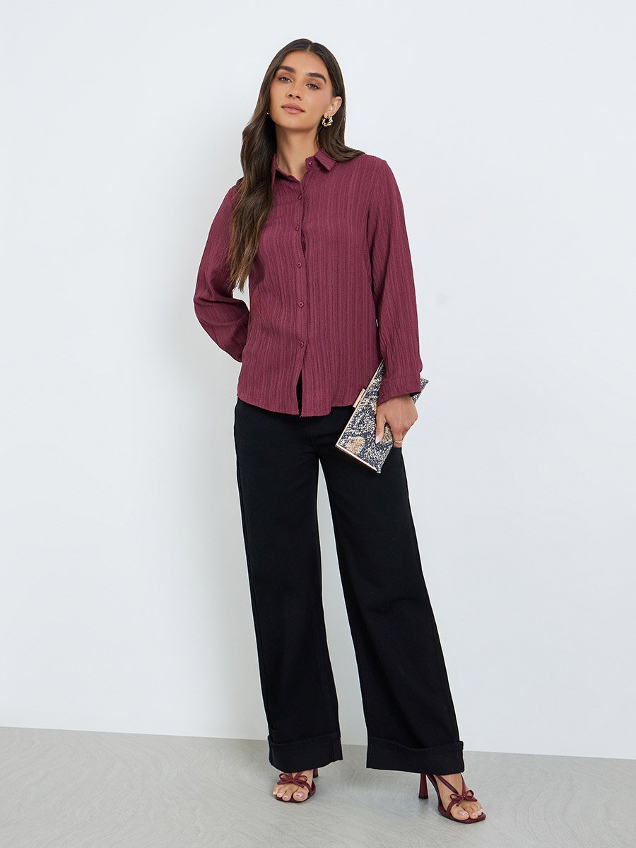 Women Burgundy Textured Linen Long Sleeve Shirt For Women at Bahrain | Styli