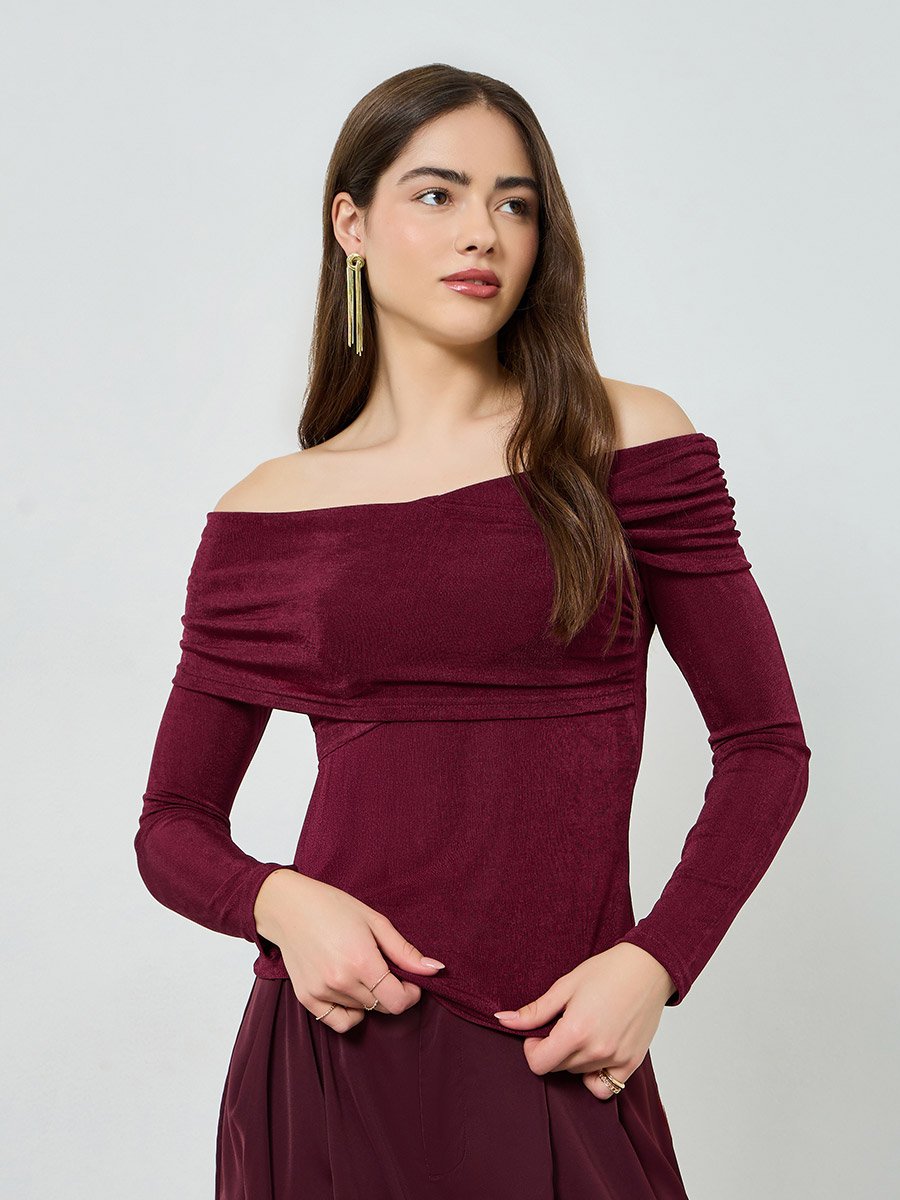 Women Maroon Off-Shoulder Knit Top
