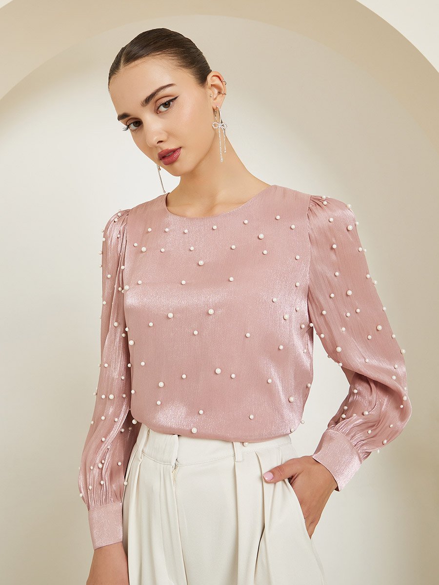 Pink Pearl Embellished Long Sleeve Blouse