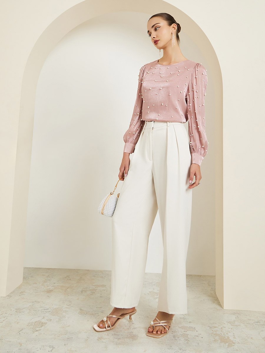Pink Pearl Embellished Long Sleeve Blouse