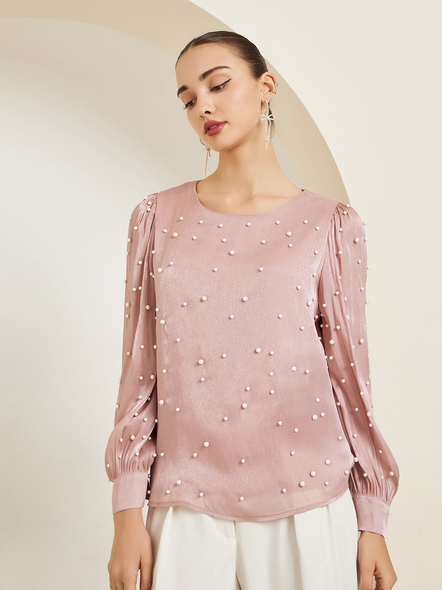 Pink Pearl Embellished Long Sleeve Blouse