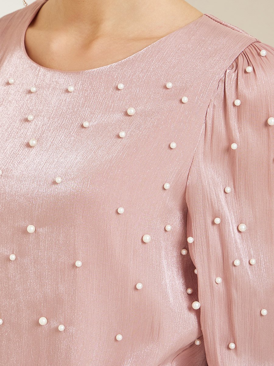Pink Pearl Embellished Long Sleeve Blouse