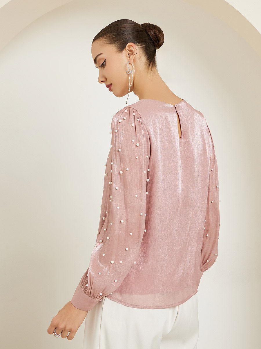 Pink Pearl Embellished Long Sleeve Blouse