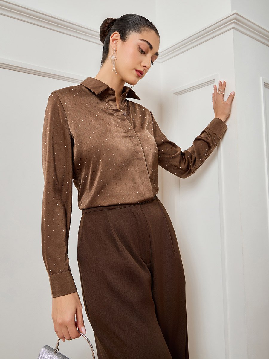 Women Brown Embellished Satin Shirt